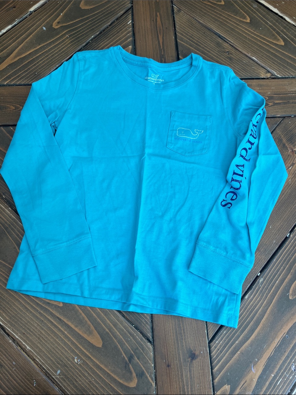 Vineyard Vines girl's Long Sleeve Pocket Tee - Teal Blue with Navy Script
